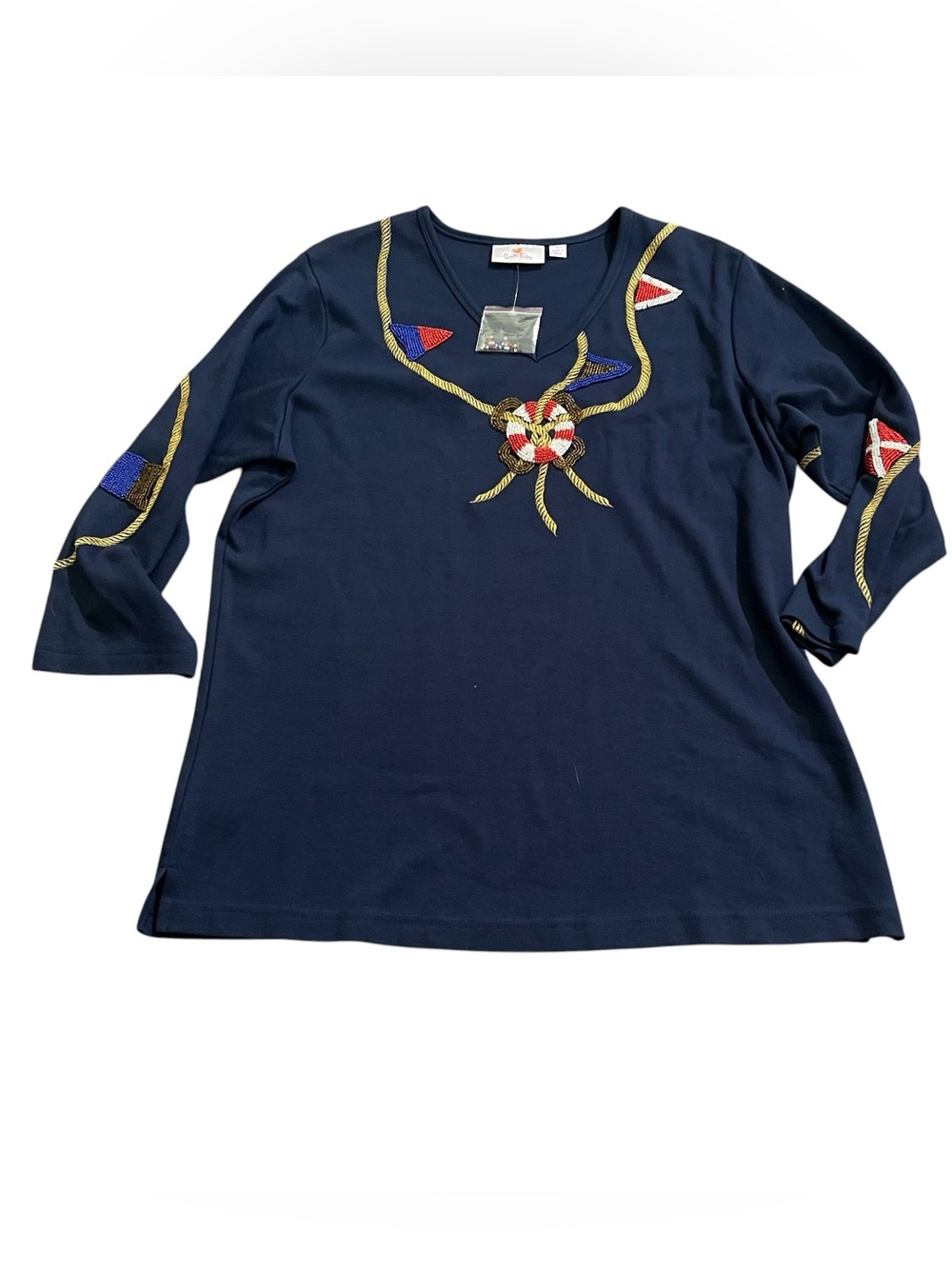 NWT Quacker Factory Navy Nautical Beaded Coastal Motif Tunic
Top Knot Tee Sz L